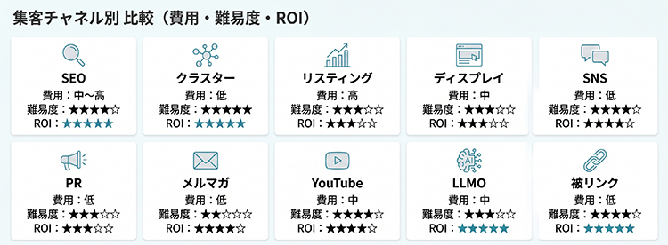 比較サイトの集客チャネル別 費用・難易度・期待ROI比較表